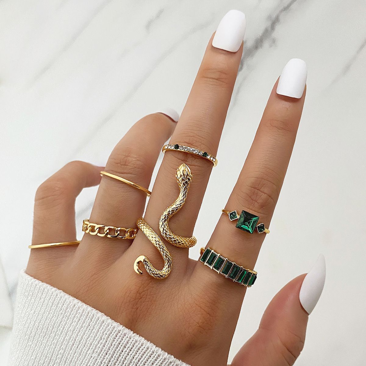 Grünes quadratisches Diamant-Schlangenring-Set – 7-teiliger geometrischer Metallschmuck, Modetrends, heiß verkauftes einfaches Metall_voghion.com