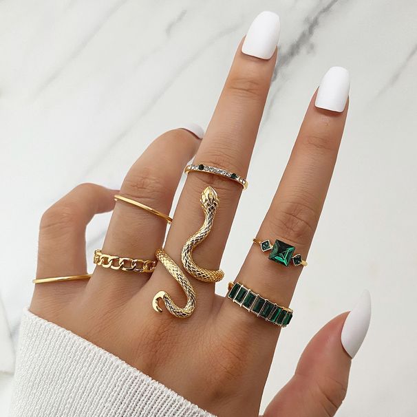 Grünes quadratisches Diamant-Schlangenring-Set – 7-teiliger geometrischer Metallschmuck, Modetrends, heiß verkauftes einfaches Metall_voghion.com