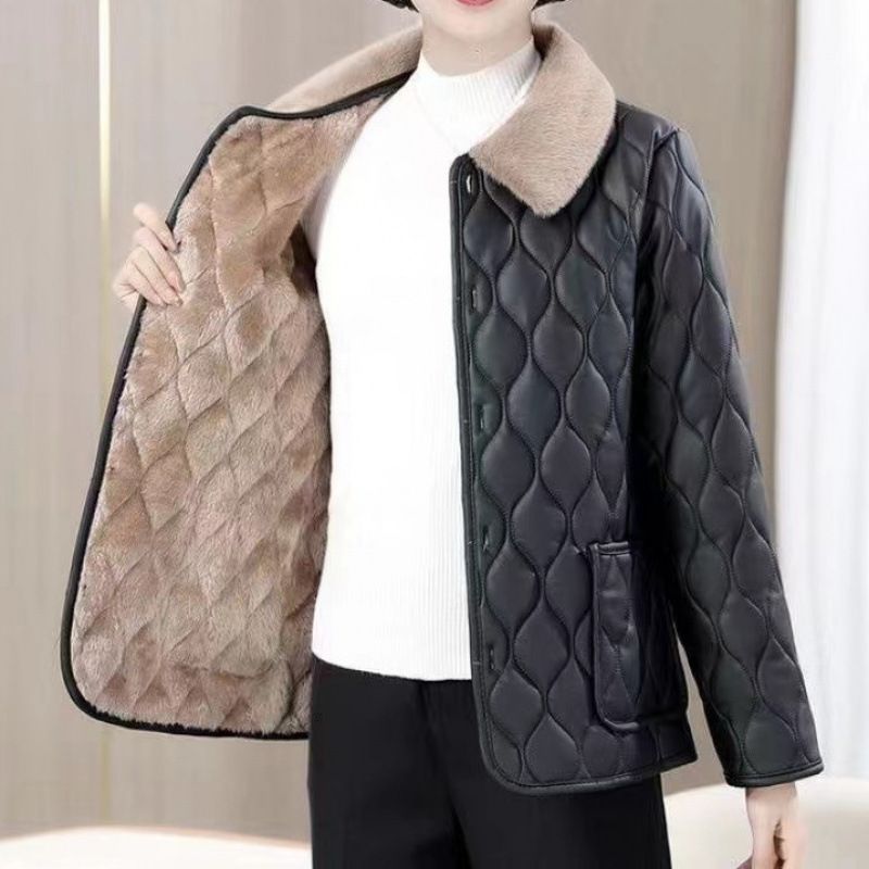 Mom's Hick Leaher Wih Added Velve, Winer New Syle Sylish Jacke, Middle-Aged Women's Loose Plus Size Coon_voghion.com