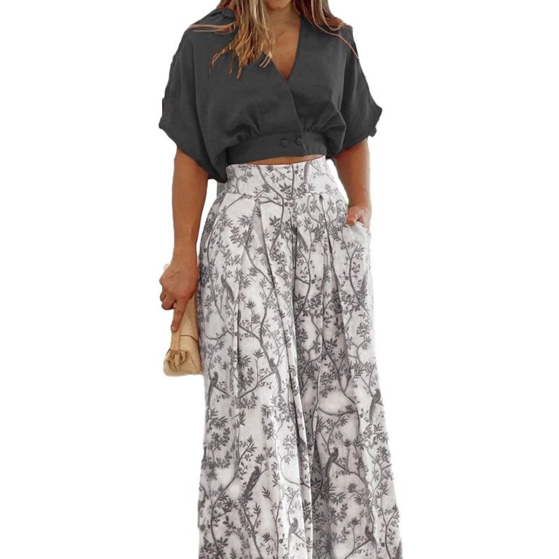 Verve D9616 - Camicia con maniche a pipistrello e pantaloni a gamba larga stampati da donna, completo casual da strada_voghion.com