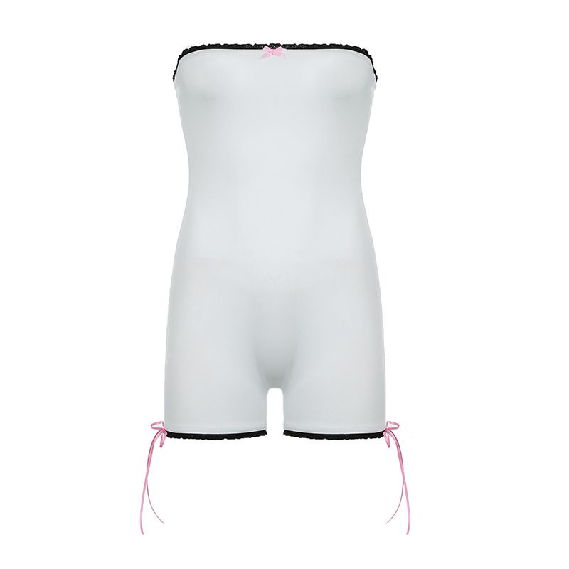 Women's Clothing Solid Color Bow Lace Splicing Contrast Color Wrap Chest Sleeveless Tight Slimming Basic Sexy Girl Jumpsuit Shorts_voghion.com