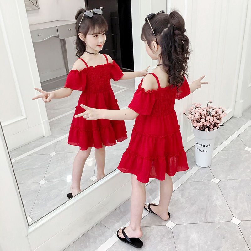 Mutter & Kinder 2024 neue Sommer Off-Shoulder Chiffon einfarbig Mädchen Kleid 3-5-7-8 Jahre alt 6 kleine Mädchen Prinzessin Kleid im westlichen Stil_voghion.com