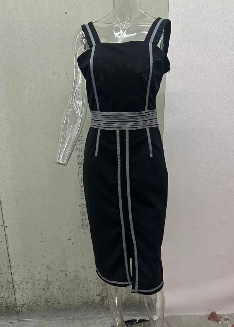 Abito da donna con scollo quadrato, alla moda, a contrasto in vita, sottile, con spacco e bretelle_voghion.com