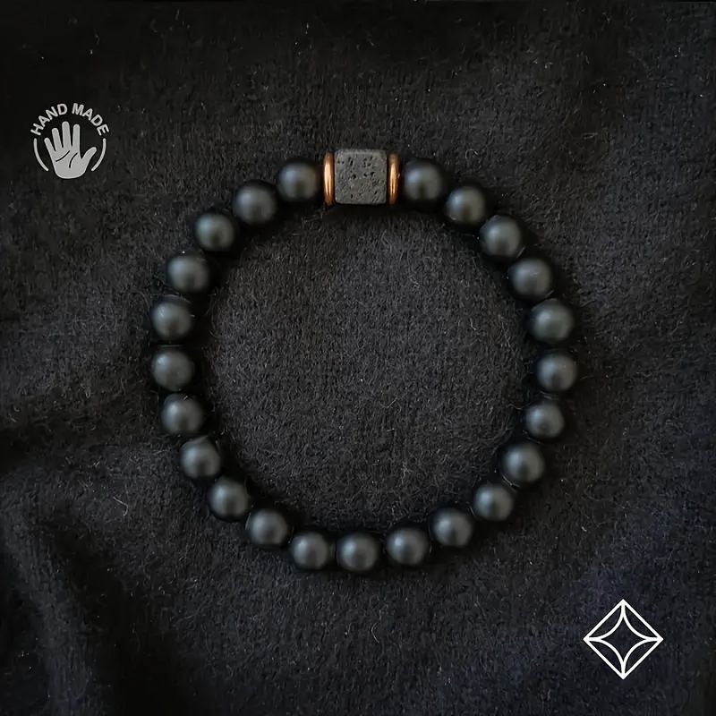 Bracciale con perline in pietra vulcanica quadrata opaca da 8 mm, stile pendolare_voghion.com
