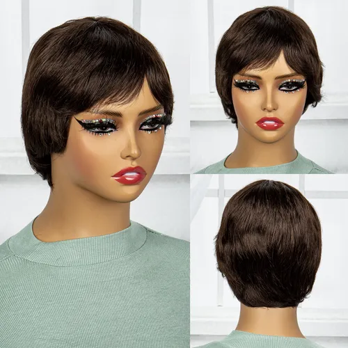 Parrucche corte nere da folletto con frangia Parrucca per capelli umani diritta con ricciolo naturale a strati per donna_voghion.com
