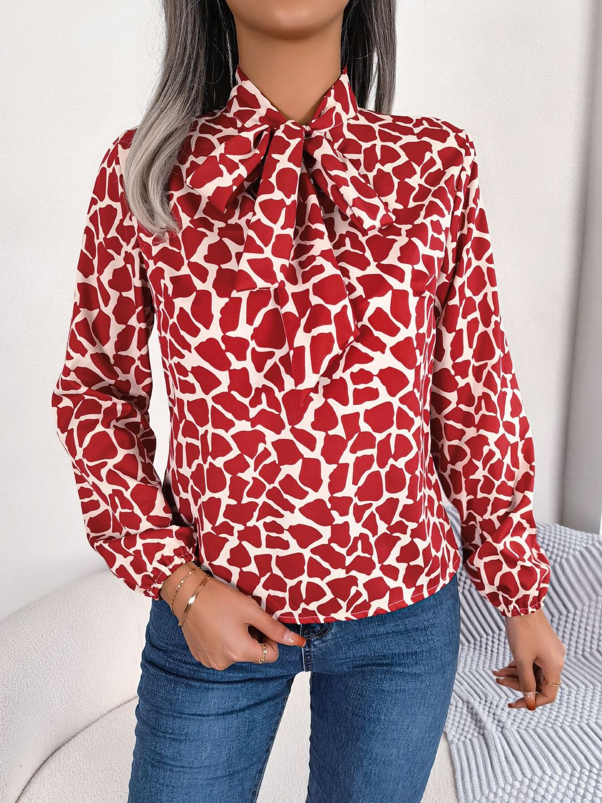 Camicetta floreale da donna Camicie a maniche lunghe con lanterna con papillon Tunica elegante Camicette eleganti da lavoro a collo alto con collo alto_voghion.com