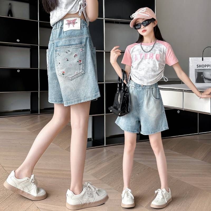 Shorts jeans para meninas, verão 2025, tamanho médio a grande, calças casuais bordadas com bolso duplo para crianças_voghion.com