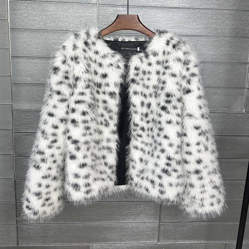 Faux Toscana Fur Coat Women's Short Jacket With Black & White Spots - Trendy Streetwear Style, S/M/L Sizes_voghion.com
