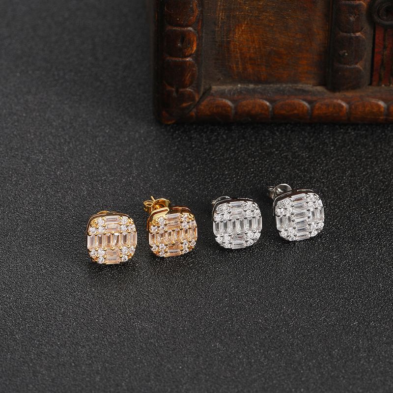 Orecchini unisex da discoteca hip hop con zirconi micro pavé rotondi in rame misto, semplici orecchini quadrati_voghion.com