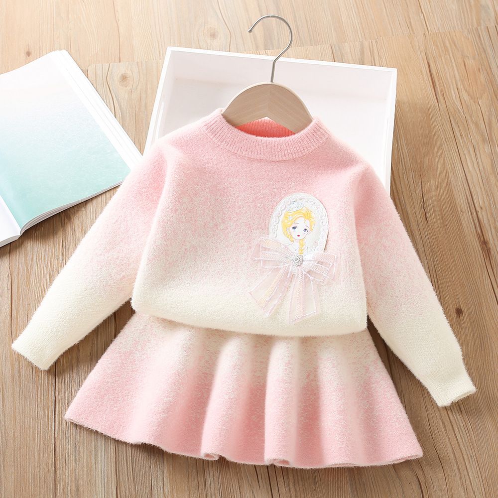 Girls' Sweater Set 2024 Stylish mink fur princess cartoon cute and fashionable knitted children's two-piece skirt set_voghion.com