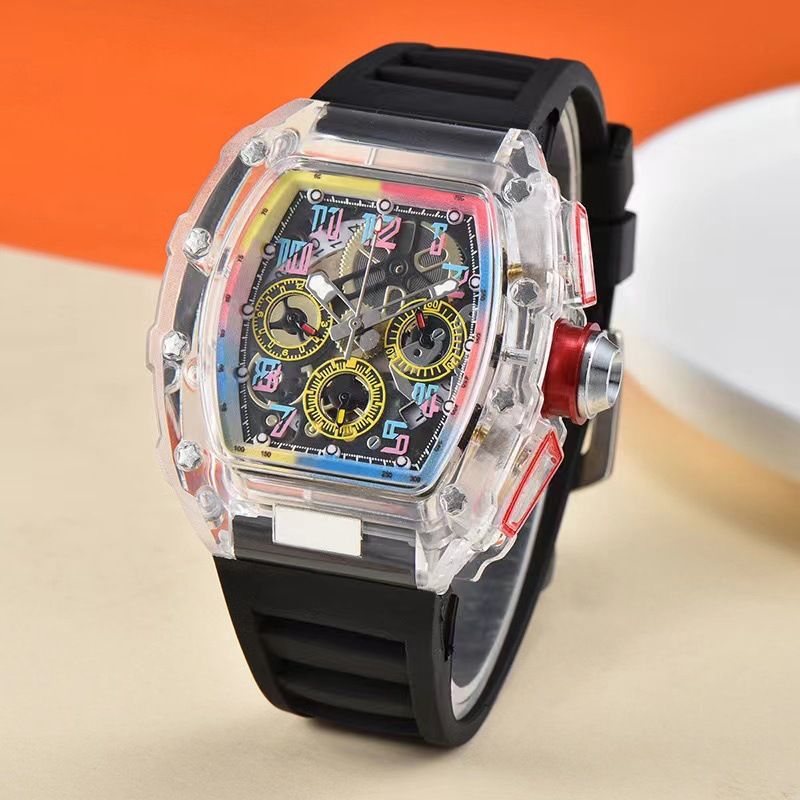 Richard Crystal Transparent Gradient 3D Rainbow Color Personalized Rotating Tourbillon Quartz Six Needle Calendar Watch_voghion.com