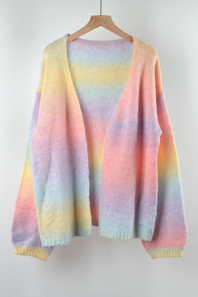 Cardigan tricoté dégradé arc-en-ciel pour femme – Pull léger en mélange acrylique avec détails en dentelle, style streetwear pour l'automne et l'hiver_voghion.com
