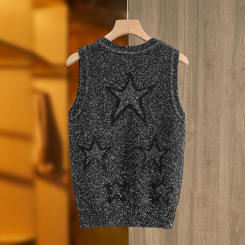 Débardeur d'été sans manches pour femmes, nouveau fil perlé et paillettes, étoile à cinq branches BLINGBLING, petit col rond, tempérament de dame_voghion.com