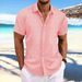 Men's Clothing Cotton And Linen Striped Jacquard Casual Loose Short Sleeved Shirt_voghion.com