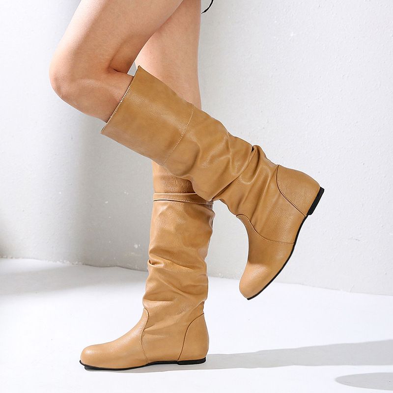 SHLIANG Herfst Winter Witte Kniehoge Laarzen Vrouwen Punk Stijl Geplooide Leren Lange Laarzen Vrouw Plus Size Slip On Western Cowboy Botas SB131_voghion.com