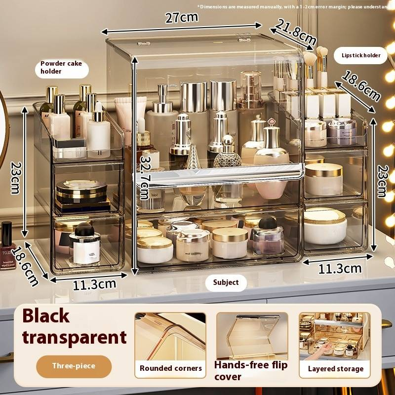 Organisateur de maquillage de luxe – Boîte de rangement transparente à 3 niveaux en PET avec couvercle anti-poussière et séparateurs (capacité de 12 L, empilable, incassable)_voghion.com