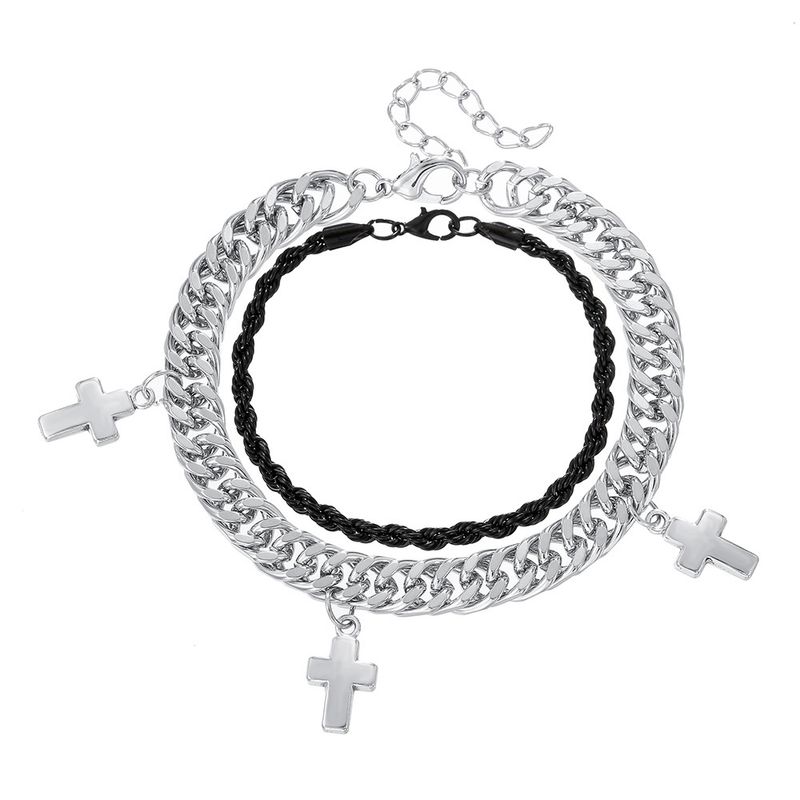 Double Layer Chain Cross Men's Cuban Ins Trend Minimalist Style High-end Black And White Bracelet_voghion.com