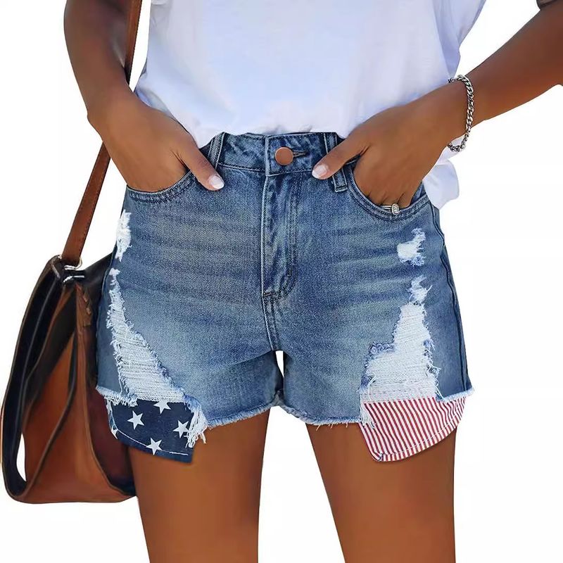 pocket stars and stripes flag ripped tassel jeans short_voghion.com