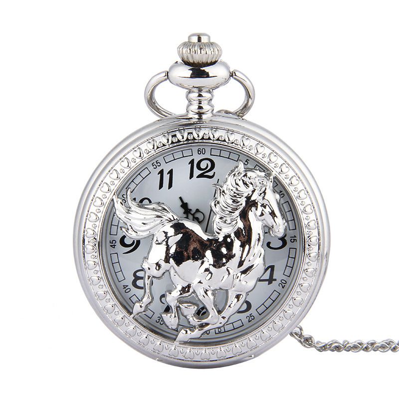 Taschenuhr mit Tierkreiszeichen und Pferdeskelett in Antik-Bronze-Optik, große klassische Flip-Flop-Taschenuhr mit galoppierendem Hengst_voghion.com