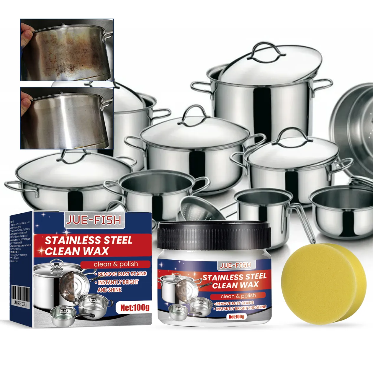 Jue-Fish Lot de 2 crèmes nettoyantes pour acier inoxydable, ustensiles de cuisine, casseroles et poêles, plaques de cuisson, huile lourde, pâte antirouille, nettoyante et détartrante_voghion.com