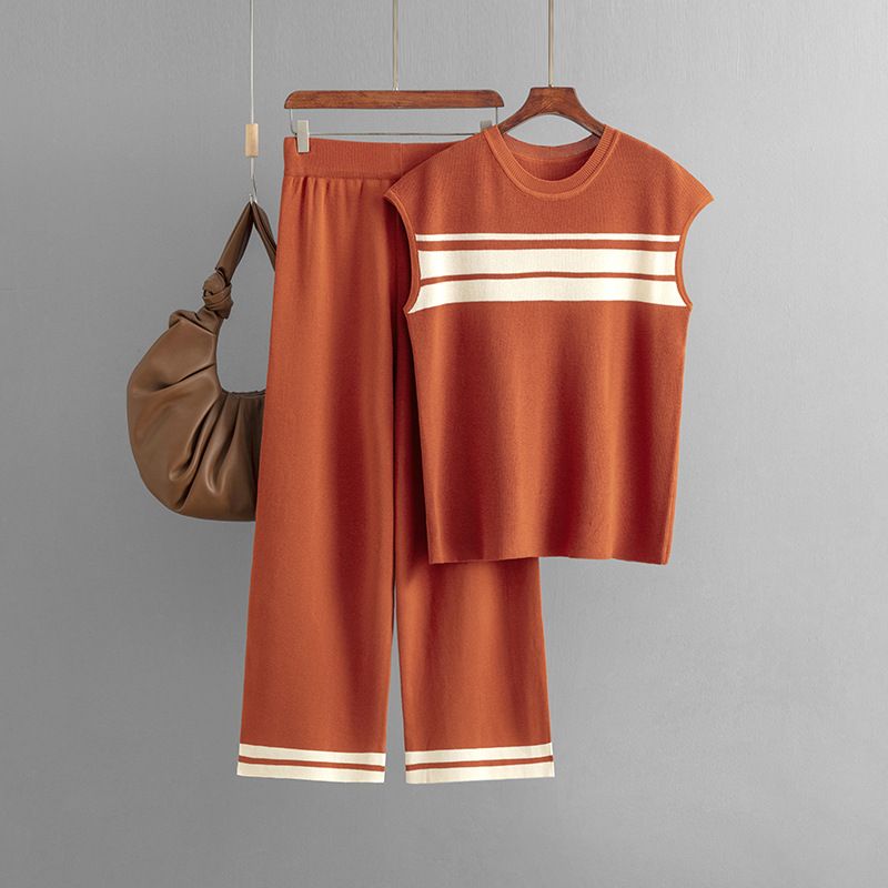 Abito casual da donna, top senza maniche a righe larghe a contrasto + pantaloni a gamba larga a vita alta, abito a due pezzi_voghion.com