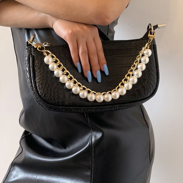 Fashionable And Trendy Aluminum Handbag With Beaded Shoulder Chain, Simple Pearl Alloy Buckle Bag Chain_voghion.com