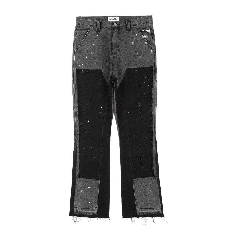 Herren High Street Washed Distressed Stitching Logging Jeans Retro-Modetrend Herrenhose mit weitem Bein und Tintenspritzer-Print_voghion.com