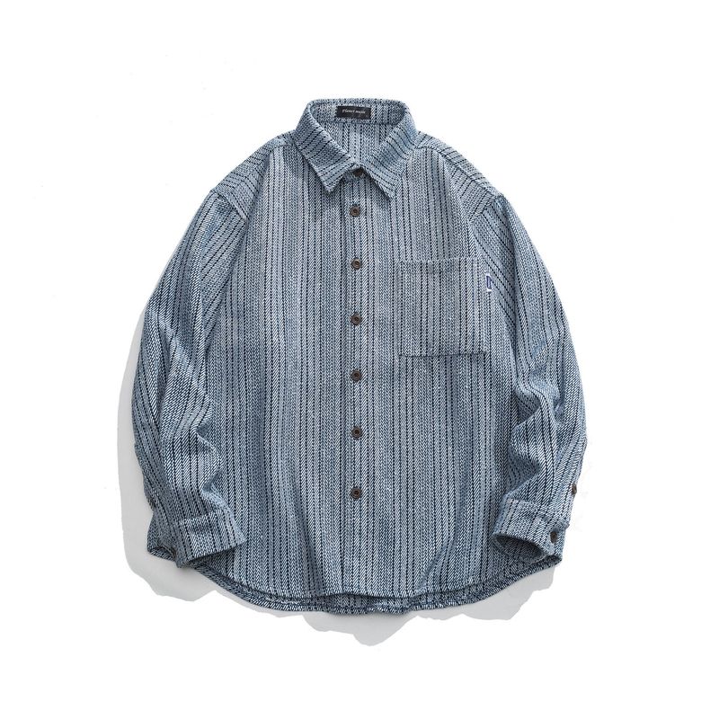 Herrenbekleidung Einfaches, trendiges, gewaschenes, gestreiftes Denim-Langarmhemd, lässige blaue Hemdjacke_voghion.com