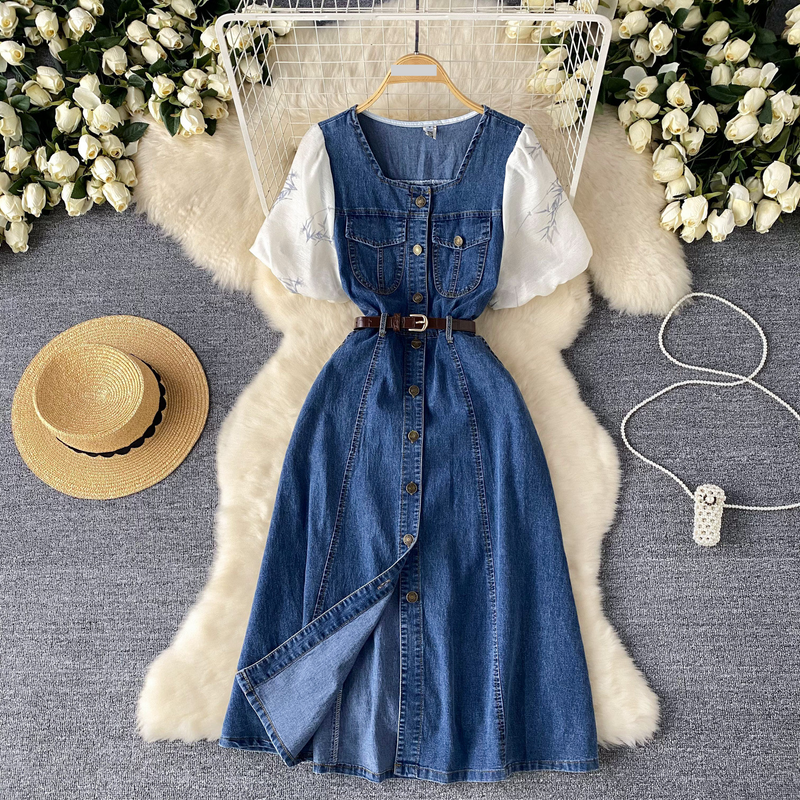 Damenbekleidung Kurzärmliges Kleid für Damen 2024 Sommer neues Design im Stil quadratischer Kragen Puffärmel Spleißen altersreduzierender modischer langer Jeansrock_voghion.com