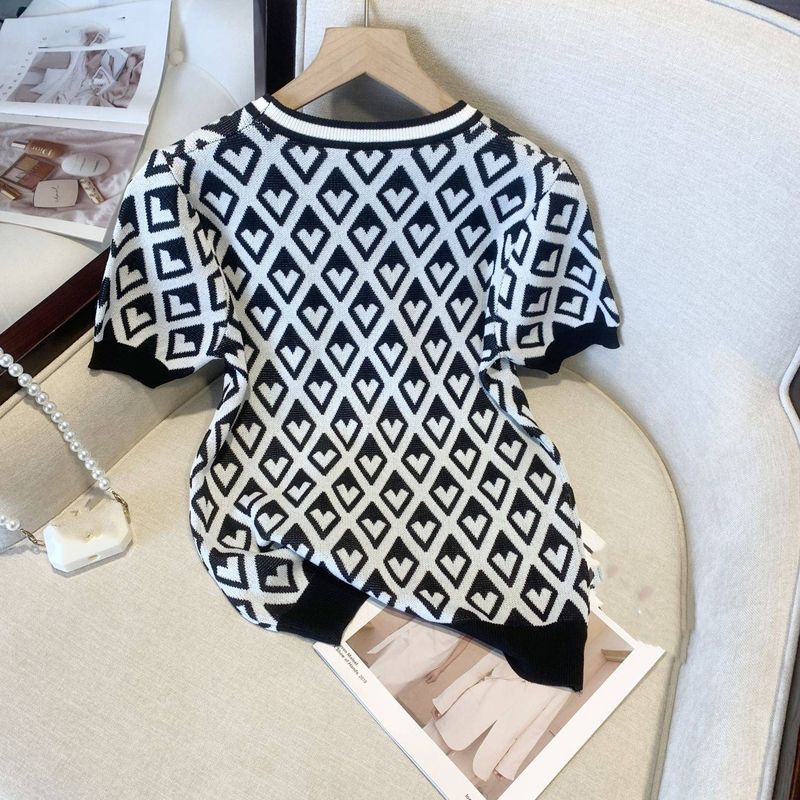Summer Diamond Jacquard Short Sleeved T ShirtWomen's Clothing   New Fashion Colorblock Round Neck Pullover Ice Silk Knitted Sweater_voghion.com