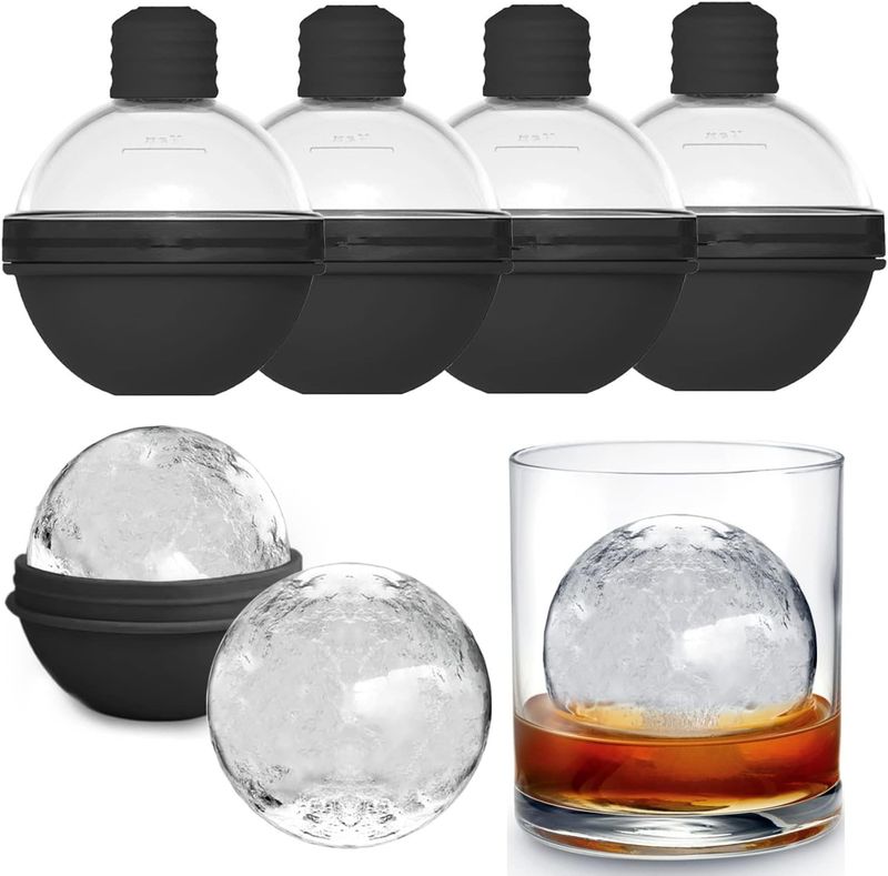 Szilikon jéggolyó formák whiskyhez - 4 darabos kerek öntőforma készlet fedéllel koktélokhoz, bourbonhoz és italokhoz_voghion.com
