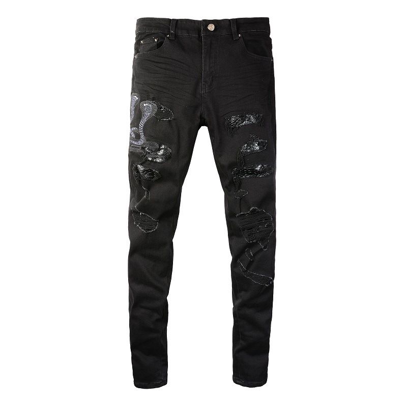 Men's Clothing Washed Cat Whisker Wrinkled Hole Snake Black Elastic Slim Fit Skinny Jeans Jeans_voghion.com