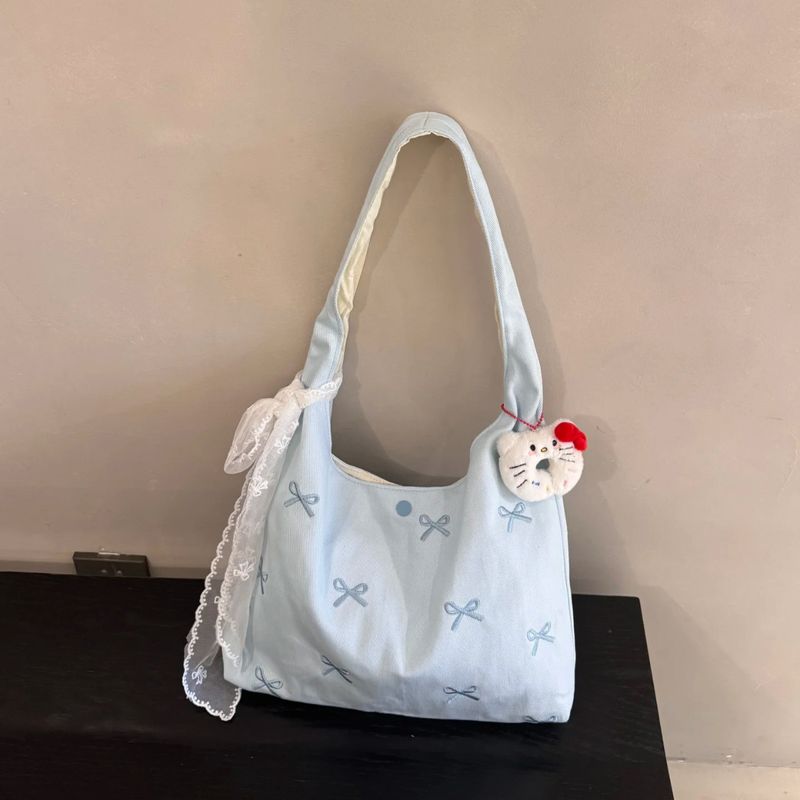 Borsa da donna in tela con ricamo a fiocco blu coreano 2025, nuova primavera ed estate, grande capacità, borsa a tracolla ascellare, alla moda, versatile, per il tempo libero_voghion.com