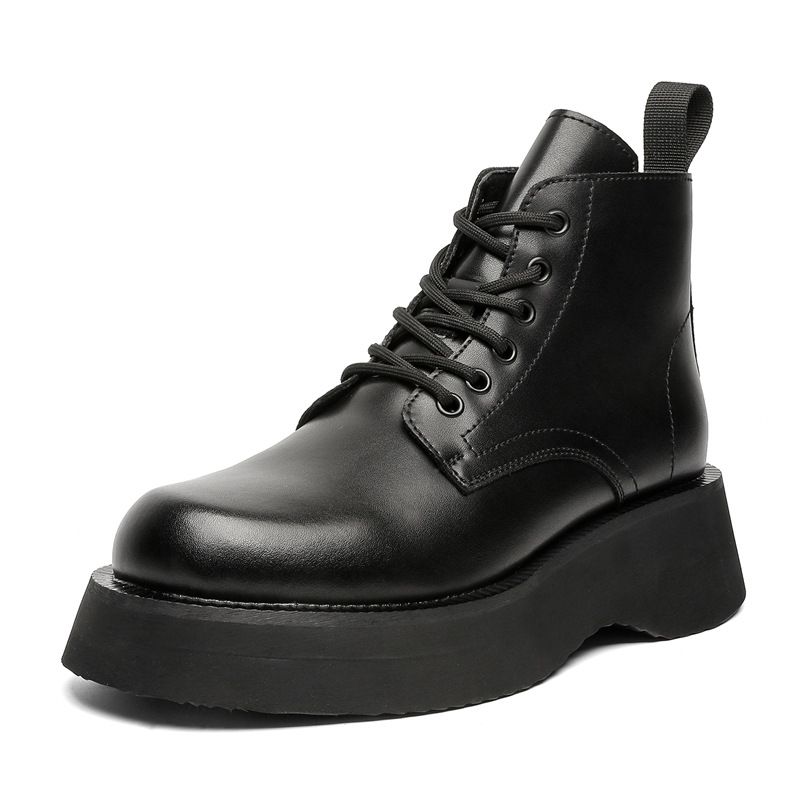 Retro Thick-soled Heightened Medium-help Tooling Boots, Fleece Lace-up Martin Boots_voghion.com