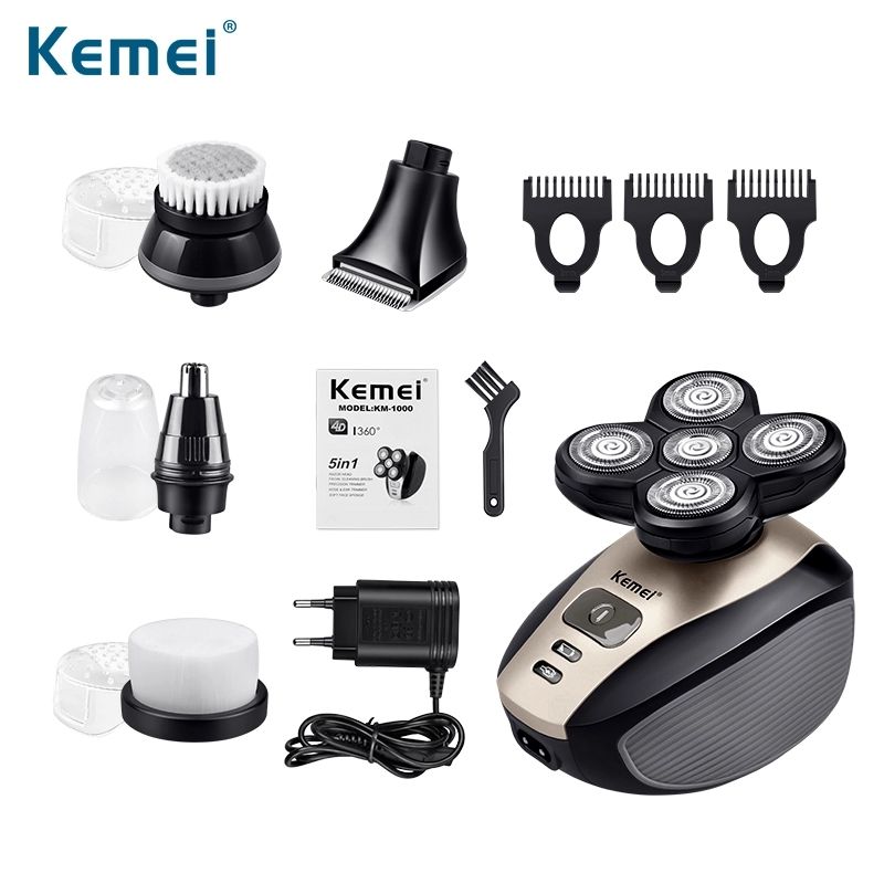 Kemei KM-1000 5 In 1 Rechargeable Cordless Shaver For Men Five Blade Rotating Beard Razor Face Washer And Nose Hair_voghion.com