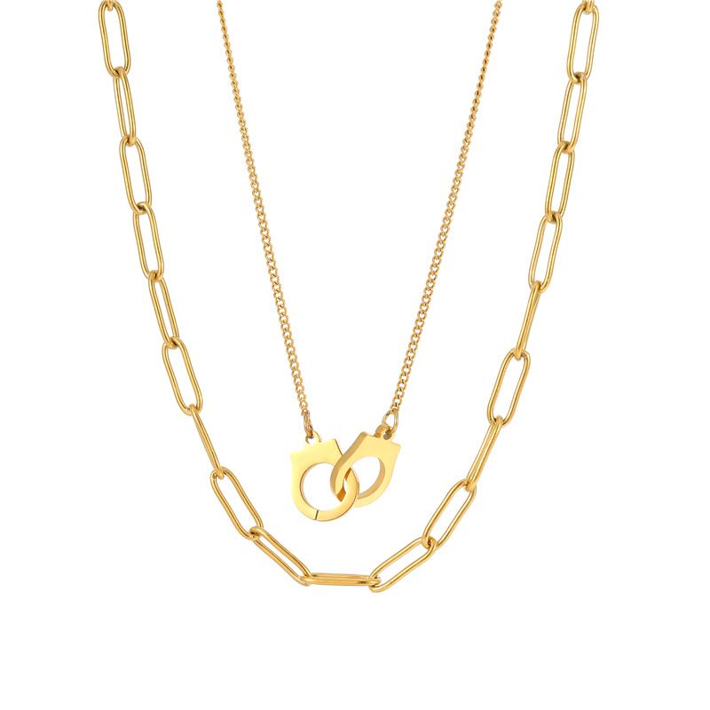 Double Layer Clavicle Chain Female Handcuffs Necklace Stainless Steel Couple Style Double Ring Pendant Necklace_voghion.com