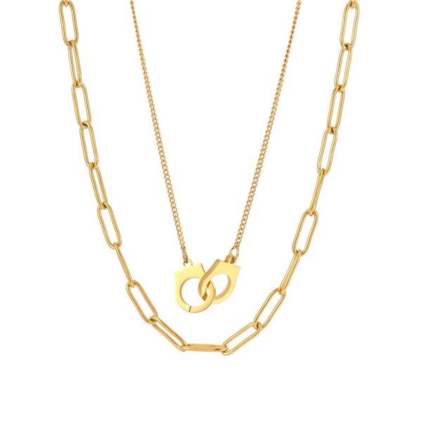 Double Layer Clavicle Chain Female Handcuffs Necklace Stainless Steel Couple Style Double Ring Pendant Necklace_voghion.com