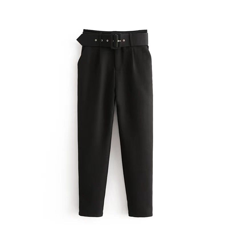 Women's casual pants with slightly stretchable slimming belt decoration solid color straight style suit nine-point pants_voghion.com