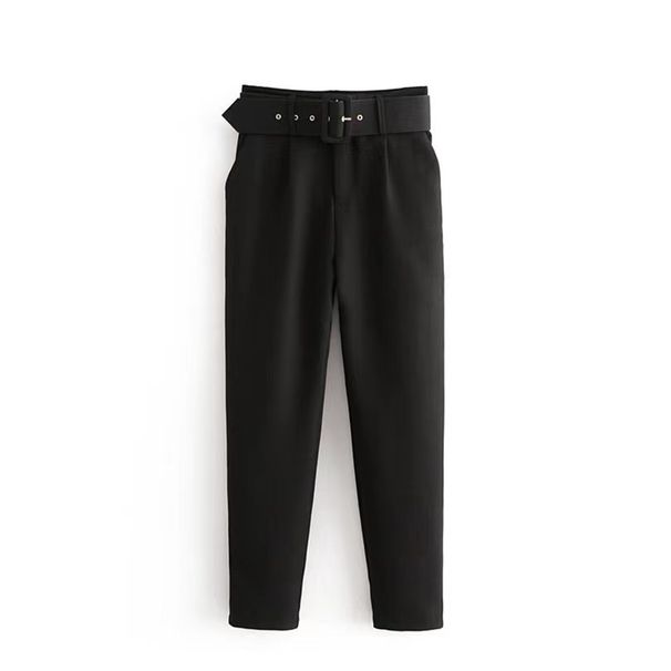 Women's casual pants with slightly stretchable slimming belt decoration solid color straight style suit nine-point pants_voghion.com