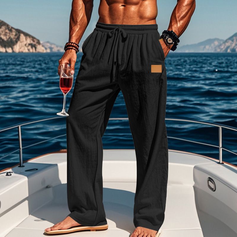 Abbigliamento maschile Quattro stagioni Pantaloni dritti con coulisse in cotone e lino sottili da spiaggia e per il tempo libero con lacci_voghion.com