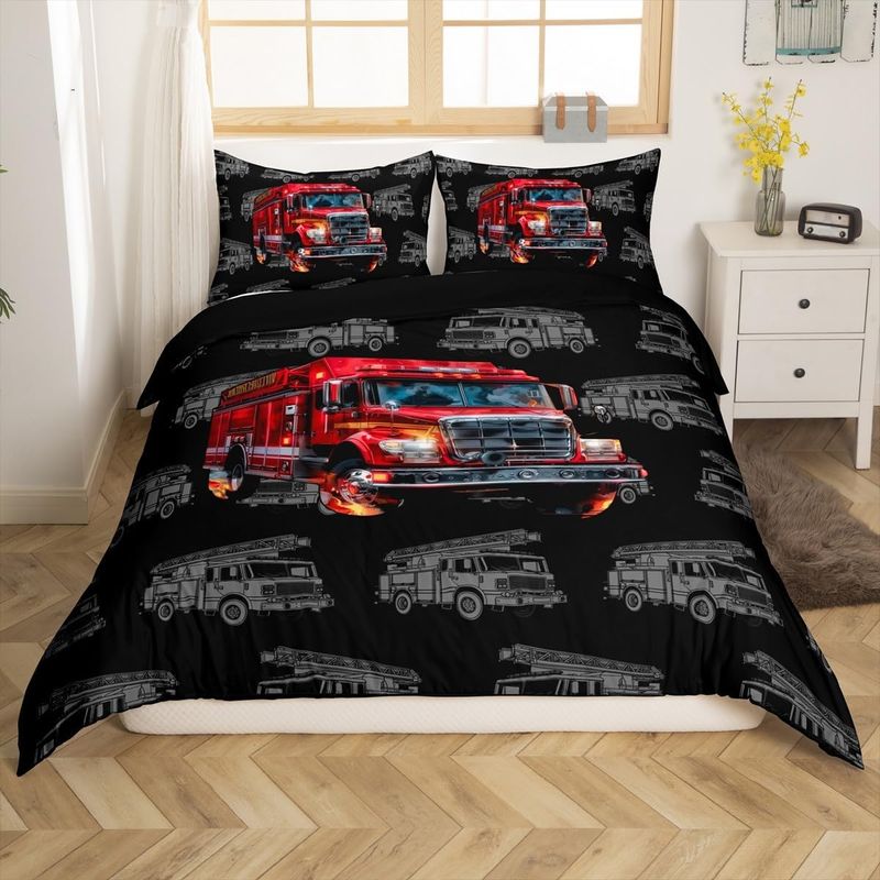 Fire Truck Duvet Cover Set Cot Size For Kids Boys Teens Firefighter Bedding Set Cartoon Firemen Car Vehicle Comforter Cover With 2 Pillowcases ﻿_voghion.com