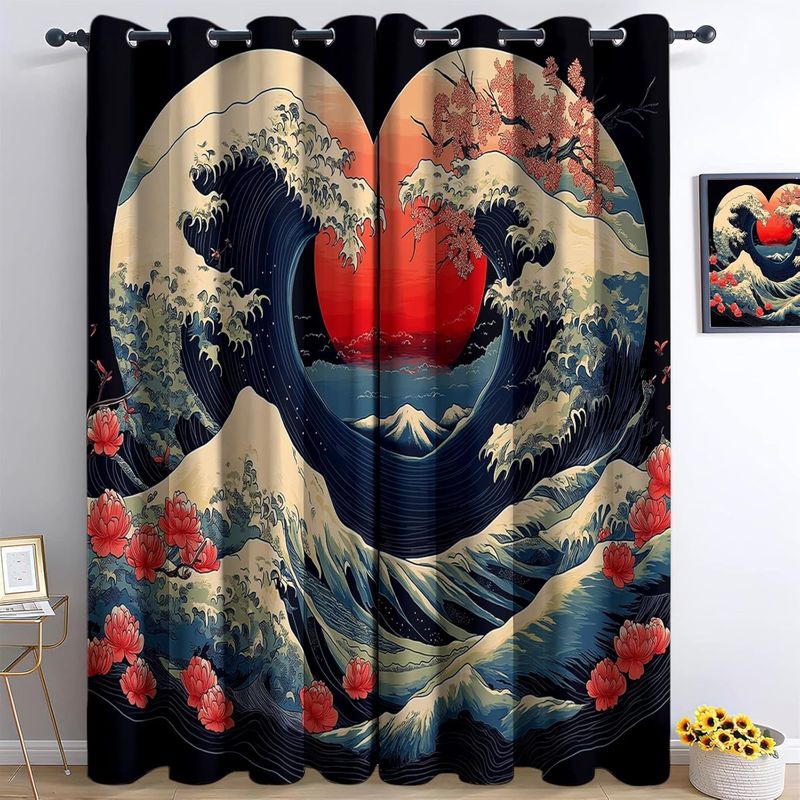 Blackout Curtain For Bedroom Super Soft Drapes Eyelet Thermal Insulated Heart-Shaped Japanese Wave Curtains For Living Room Teenagers Game Room_voghion.com
