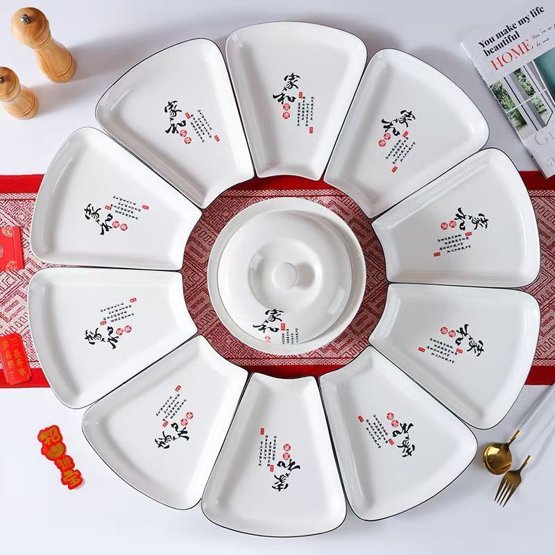 2025 Neues Zuhause Keramik Kreatives Fächerteller-Geschirr, Chinesischer Neujahrsteller, Silvester-Dinner-Set zum Wiedersehen, Teller-Arrangement_voghion.com