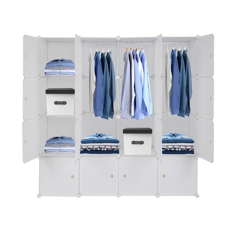 DIY-Schrank-Organizer mit 20 oder 16 Würfeln, modular, stapelbar, Kunststoff, Stahlrahmen, 3 Kleiderstangen, verstellbare Regale, weiß, für Schlafzimmer, Büro, Kinderzimmer_voghion.com
