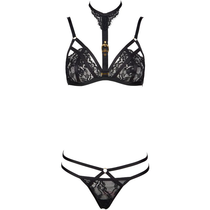 KOOSSOASIS Design Personality Lace Sexy Underwear Detachable Halter Neck Gathered Bra Thong Garter Transparent_voghion.com