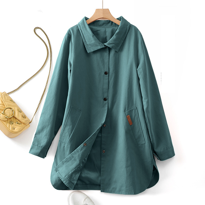Vêtements pour femmes en coton à simple boutonnage et col en V 2023 automne nouveau trench-coat mi-long ample simple à manches longues_voghion.com