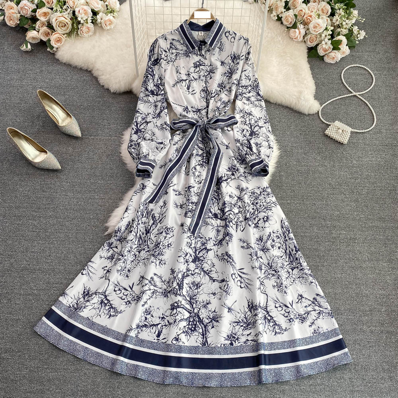 Women's clothing lapel waist slimming positioning print a-line dress high-end long skirt_voghion.com