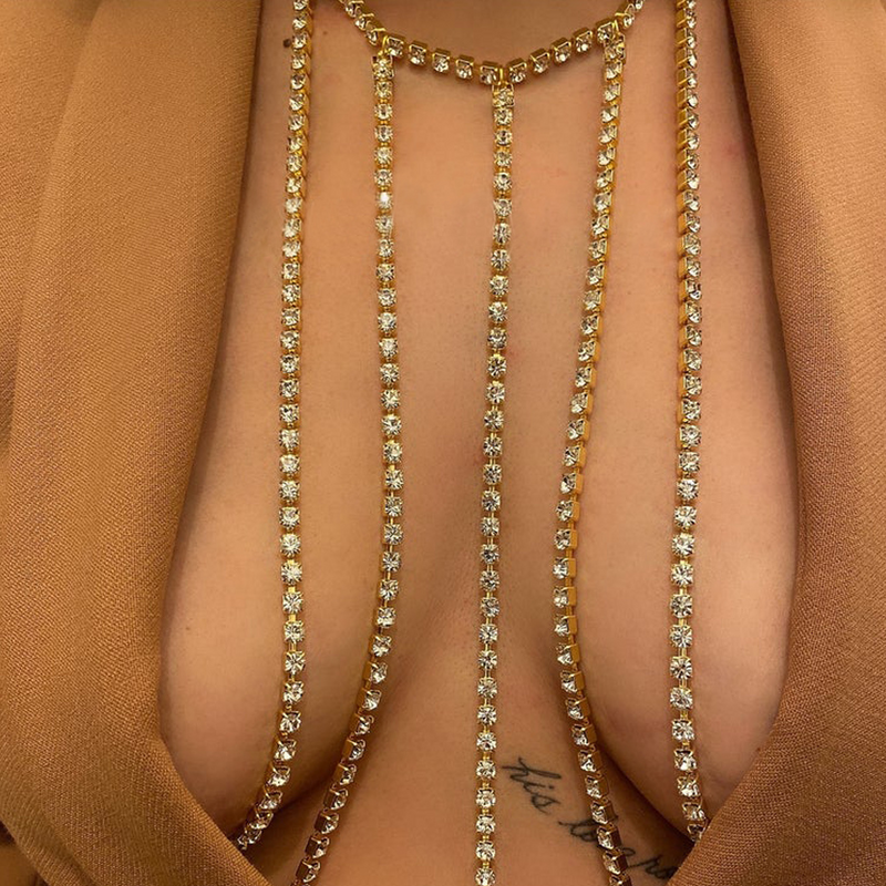 Jewelry Fashion Full Diamond Pendant chain Chest chain Simple Nightclub Rhinestone Body chain for Women_voghion.com