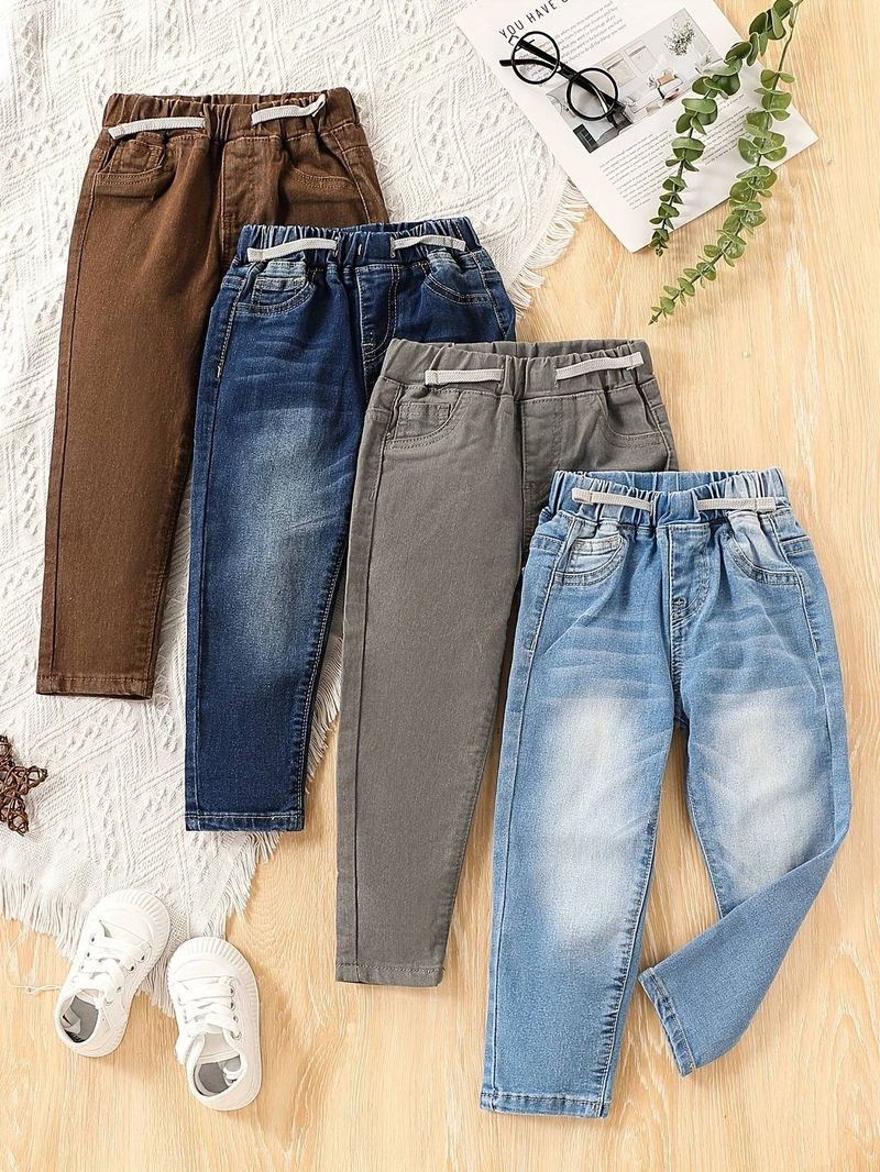 Boys 4-piece Light Blue, Medium Blue, Gray, Coffee Color Simple Casual Fashion All-match College Style Elastic Waist Elastic Fabric Fitted Washed Denim Trousers Suit_voghion.com