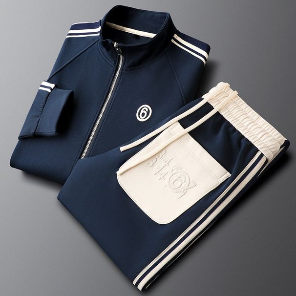 Herrkläder Höst Herr Blå Fritidssportdräkt Herr Tvådelad kostym Modetrend Sidoränder Kläder för par_voghion.com